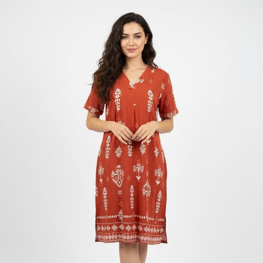 St. John's Bay Linen Blend Midi Dress Rust Orange Boho Pockets Small Vacation